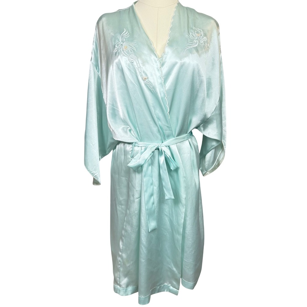 VTG 90s Adonna Satin Peignoir Set Medium Mint Green Robe Slip Dress 2pc